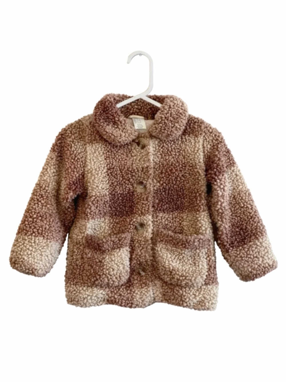 H&M Kids Cream & Brown Plaid Sherpa Button-Up Jacket – Size 2T EUC